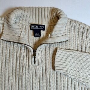 Lands End Cream Ribbed 1/4 Zip Sweater Long Sleeve Cotton Blend Womens Large